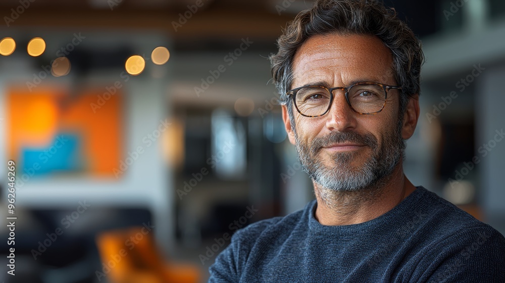 Poster confident man smiling in a modern office space with soft lighting and abstract art in the background