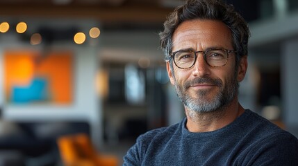 Obraz premium Confident man smiling in a modern office space with soft lighting and abstract art in the background