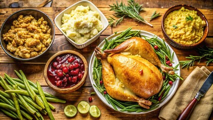 A roasted chicken with side dishes of mashed potatoes, green beans, stuffing, cranberry sauce, and cornbread dressing on a rustic wooden table.