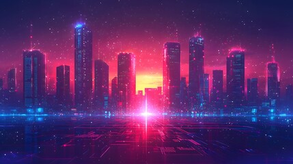 The image showcases a neon-lit cityscape with tall skyscrapers shining vividly under a stunning sunset. Colorful lights reflect a futuristic atmosphere filled with energy. Futuristic Urban Landscape