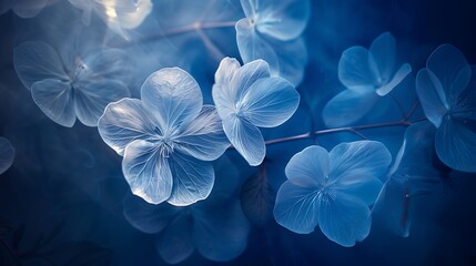 Cyanotype prints of daffodils flower, copy space, modern art, abstract artwork, abstract background, aesthetic wallpaper, abstract landscape 