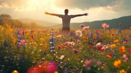A man stands with open arms in a vibrant field of wildflowers, embracing nature as the golden sunset bathes the landscape in warm light. The scene exudes a sense of freedom, serenity, and connection