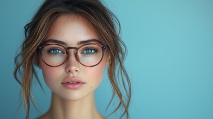 Obraz premium Portrait of a woman with glasses against a blue background, showcasing her features and natural beauty in soft lighting