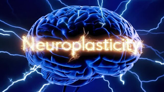 Illustration of a glowing human brain with lightning bolts and the word "Neuroplasticity" highlighted, symbolizing the brain's ability to change and adapt through neural connections