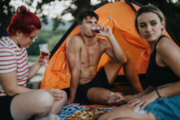 Group of friends enjoying a picnic and barbeque near a campsite, relaxing and drinking outdoors in nature.