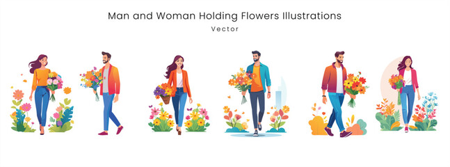 Fototapeta premium Man and Woman Holding Flower Bouquets Vector Set