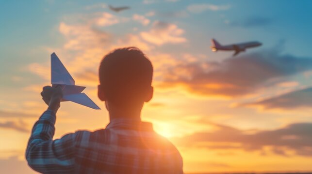 A man holds a paper airplane, gazing at the sunset sky as a real airplane flies in the background. The image evokes dreams of travel and adventure, blending the simplicity of childhood imagination