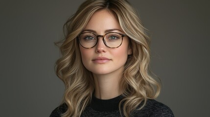 Fototapeta premium A young woman with wavy blonde hair and glasses poses thoughtfully against a neutral backdrop in a soft light