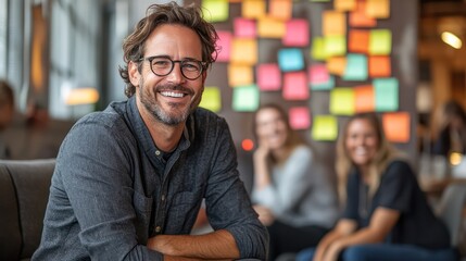 Obraz premium Startup team brainstorming in a casual office space, one person sketching an idea while others laugh and discuss, colorful sticky notes on the walls,