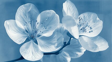 Cyanotype prints of daffodils flower, copy space, modern art, abstract artwork, abstract background, aesthetic wallpaper, abstract landscape 