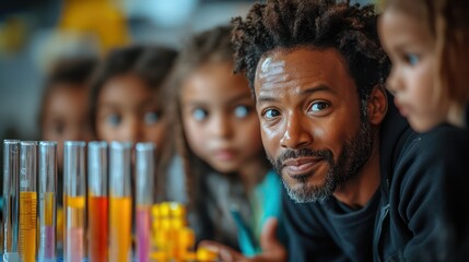 Fototapeta premium Teacher explaining a science experiment in a classroom, one student making a funny face at a surprising result, diverse group of kids engaged and curious, bright and colorful setting,