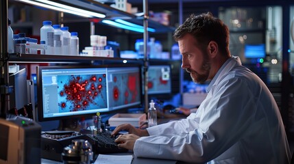 Forensic Specialist Examining Blood Evidence in Lab for Clues to Crack Mystery Crime