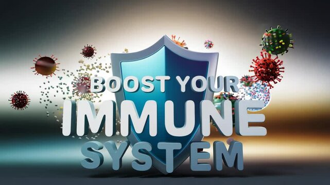Illustration featuring a shield with the phrase "Boost Your Immune System" surrounded by viruses, symbolizing protection and strengthening of immune defenses