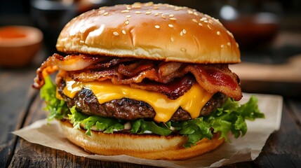 A delicious cheeseburger with perfectly melted cheese, crunchy bacon, and crisp lettuce, dripping with savory sauce on a soft sesame seed bun, ready to be devoured 