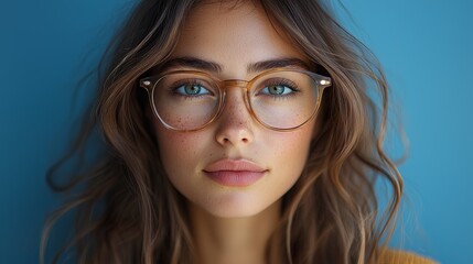 Obraz premium Young woman with glasses poses against a vibrant blue background, showcasing natural beauty and confidence in bright lighting