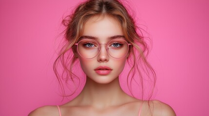 Fototapeta premium A young woman with glasses poses against a vibrant pink backdrop, showcasing her natural beauty and stylish look