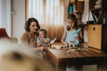 A loving mother spending quality time with her daughters at home, engaging in creative activities. The scene captures the warmth and bonding moments of family life.