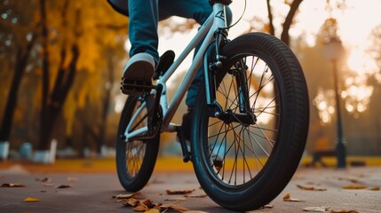 Fototapeta premium A close-up view of a person riding a bicycle on a path covered with fallen leaves in an autumn park. The scene captures the vibrant colors and serene atmosphere of fall, with focus on the bike's wheel