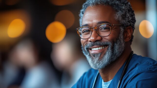 Veteran healthcare worker sharing a humorous story with colleagues in a break room, everyone smiling and listening, warm and friendly setting,