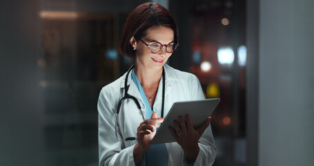 Night, woman and doctor with tablet, smile and online reading for schedule, healthcare and digital...