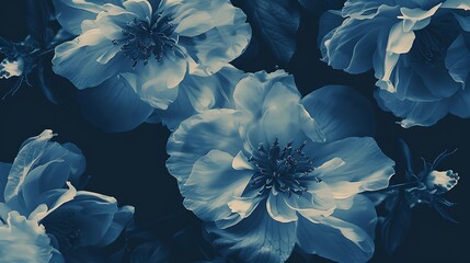 Cyanotype prints of daffodils flower, copy space, modern art, abstract artwork, abstract background, aesthetic wallpaper, abstract landscape 