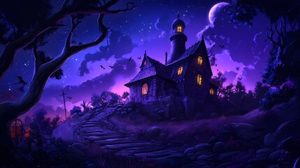A spooky, gothic-style house on a hill, illuminated by moonlight, with bats flying in the sky.