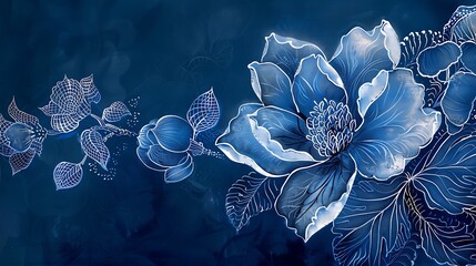 Cyanotype prints of daffodils flower, copy space, modern art, abstract artwork, abstract background, aesthetic wallpaper, abstract landscape 