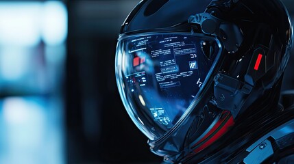 A futuristic astronaut helmet displaying digital information and a sleek design.