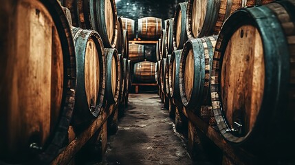 Naklejka premium Rows of Wooden Wine Barrels in a Cellar