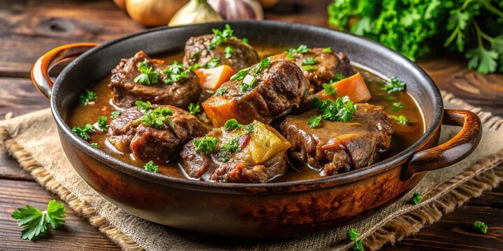 Richly flavored oxtail dish, slow-cooked in a savory broth, served with tender fall-off-the-bone meat and fresh herbs, garnished with a sprinkle of parsley.