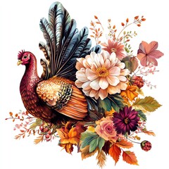 Fototapeta premium A floral arrangement with a Thanksgiving turkey centerpiece clipart, lush and festive, rich colors, digital painting, isolated on white background