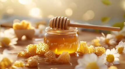 A 3D illustration of an organic honey jar with a wooden dipper resting on top, surrounded by golden honeycomb pieces, emphasizing the purity and richness of the honey 