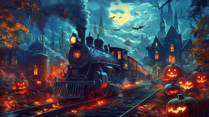 A spooky steam train with glowing pumpkins and bats flying through the night sky in front of a spooky town.