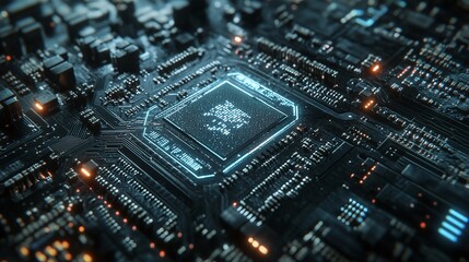 Fototapeta premium digital mainboard connected to CPU circuit and quantum processor in an abstract cyber system with futuristic data technology