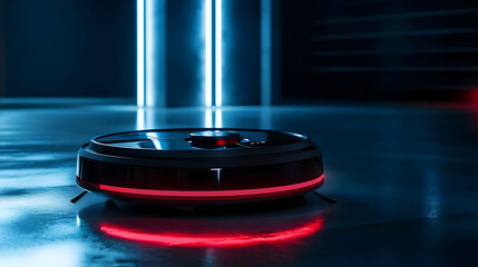 Futuristic Robot Vacuum Cleaner with Red Lights - 3D Illustration