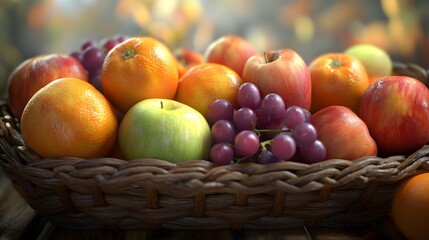 A 3D illustration of vibrant and juicy organic fruits, including apples, oranges, and grapes, arranged in a rustic wicker basket, capturing the freshness and natural appeal of the produce 