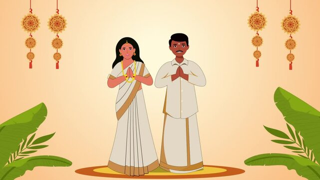 Happy onam festival couples celebrating south indian festival animation
