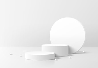 3D white round podium background with ball beads, Circle backdrop. Abstract geometric composition in minimalist design. Studio display showroom product pedestal, Fashion stage showcase mockup scene.