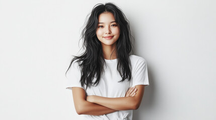 Fototapeta premium A confident woman with long, wavy hair and a white t-shirt stands against a plain background, smiling with arms crossed.