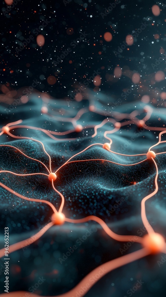 Poster abstract neural network connection with glowing nodes and digital dust particles in dark blue backgr
