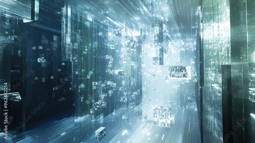 Poster a futuristic digital landscape with light beams and floating elements suggesting advanced technology