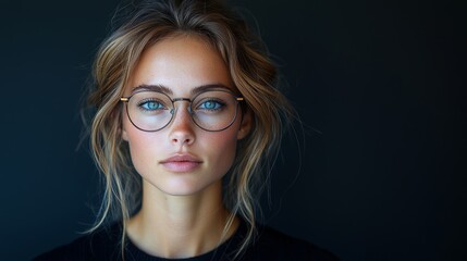 Obraz premium A young woman with blue eyes and glasses poses against a dark background showcasing a natural makeup look and soft wavy hair