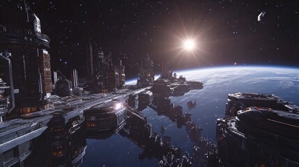 Obraz premium A futuristic space station orbiting a planet with stars and sunlight in the background.