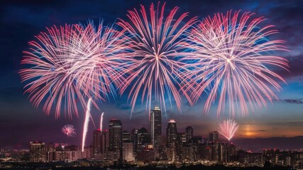 Fototapeta premium A night sky filled with spectacular fireworks in red white and blue over a city skyline 