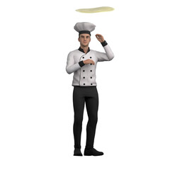 Male Culinary Professional in 3D. A male chef stands throwing pizza dough into the air in the process of making pizza. Chef Cartoon