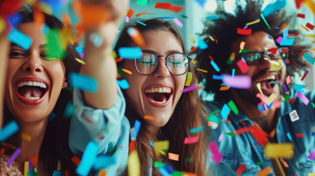 A group of friends celebrating with vibrant confetti, capturing the essence of joy and festivity. The image showcases their cheerful expressions and the colorful, dynamic atmosphere of the celebration