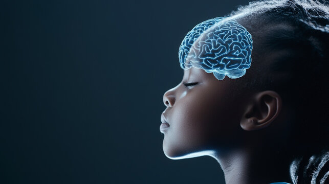 Profile of a child with an illustrated brain overlay, symbolizing cognitive development and the mind's complex processes.