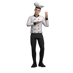 Professional Chef Character in 3D. A male chef stands with his left hand raised showing 3 fingers while his left hand is in front of his chest with the palm facing up. Male