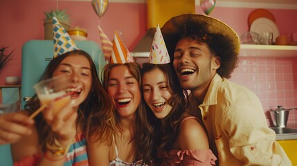 Obraz premium A group of friends in a kitchen with pink and amber walls, celebrating with paper party hats, commercial imagery, 35mm