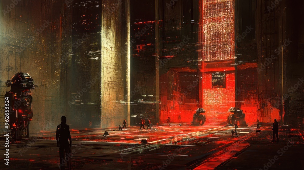 Poster a futuristic, dystopian scene with towering structures and glowing red elements.
